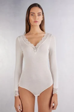 Body z Długim Rękawem z Modalu Ultralight z Dodatkiem Kaszmiru i Koronki