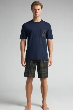 Krótka Piżama z Bawełny i Płótna w Szkocką Kratę