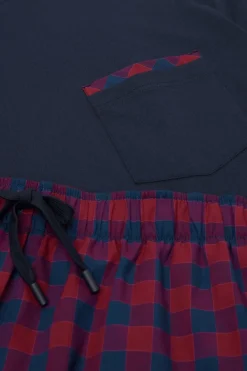 Krótka Piżama z Bawełny i Płótna w Czerwono-Niebieską Kratę