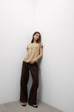 Lniana Bluzka zKrótkim Rękawem iDekoltem wSerek The Pure Linen