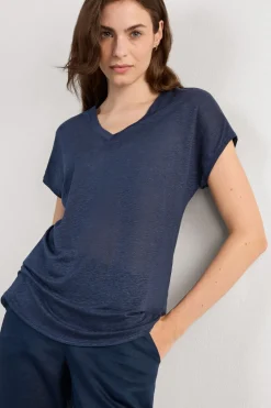 Lniana Bluzka zKrótkim Rękawem iDekoltem wSerek The Pure Linen