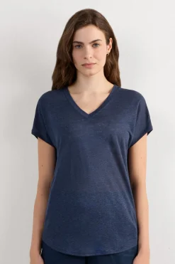 Lniana Bluzka zKrótkim Rękawem iDekoltem wSerek The Pure Linen
