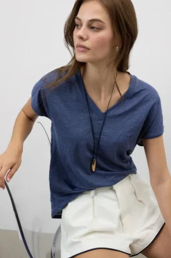 Lniana Bluzka zKrótkim Rękawem iDekoltem wSerek The Pure Linen