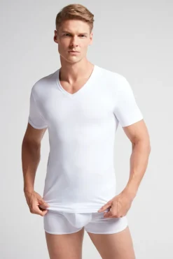 T-shirt z Dekoltem w Kształcie Litery V z Elastycznej Bawełny Superior