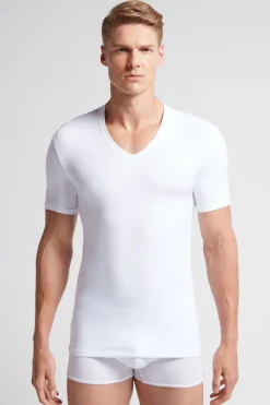 T-shirt z Dekoltem w Kształcie Litery V z Elastycznej Bawełny Superior