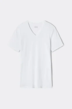 T-shirt z Dekoltem w Kształcie Litery V z Elastycznej Bawełny Superior
