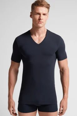 T-shirt z Dekoltem w Kształcie Litery V z Elastycznej Bawełny Superior