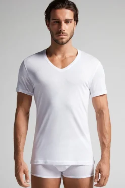 T-shirt z Dekoltem w Kształcie Litery V z Bawełny Superior Extrafine