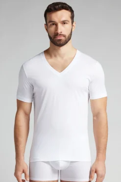 T-shirt z Dekoltem w Kształcie Litery V z Merceryzowanej Bawełny filo Premium
