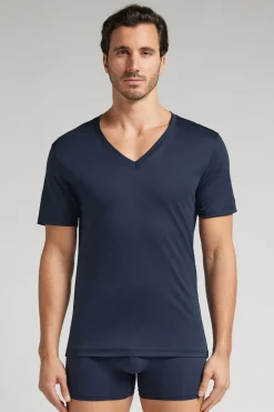 T-shirt z Dekoltem w Kształcie Litery V z Merceryzowanej Bawełny filo Premium