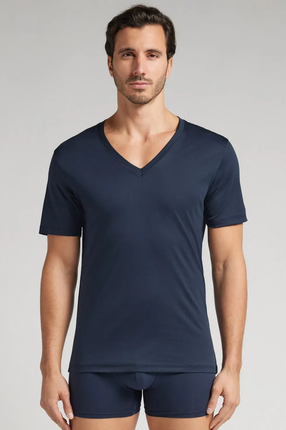 T-shirt z Dekoltem w Kształcie Litery V z Merceryzowanej Bawełny filo Premium